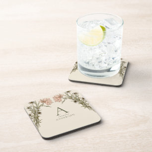 Blush Pink Vintage Watercolor Floral Monogram Coaster