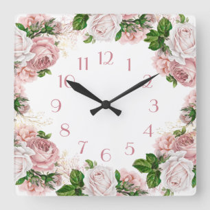 Blush Pink Vintage Watercolor Floral White  Square Wall Clock