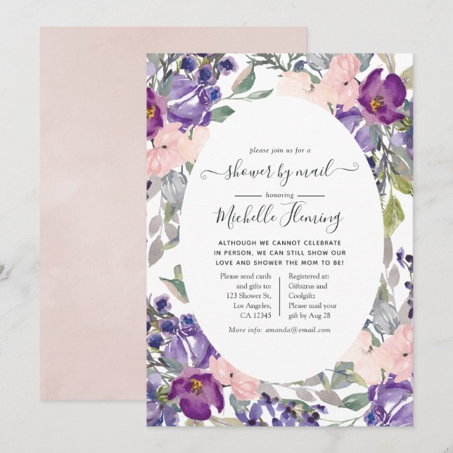 Blush Pink, Violet and Plum Baby Shower by Mail Invitation (Front/Back)