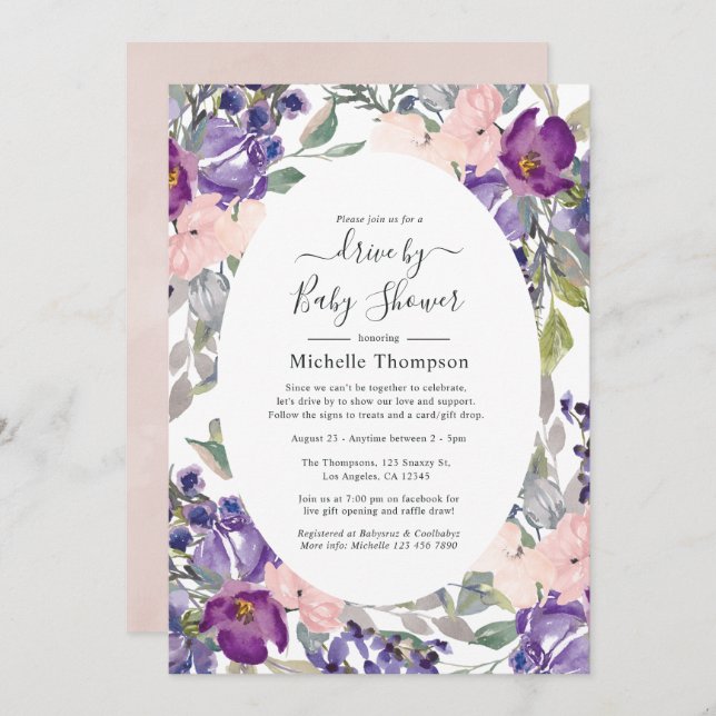 Blush Pink, Violet and Plum Drive By Shower Invitation (Front/Back)