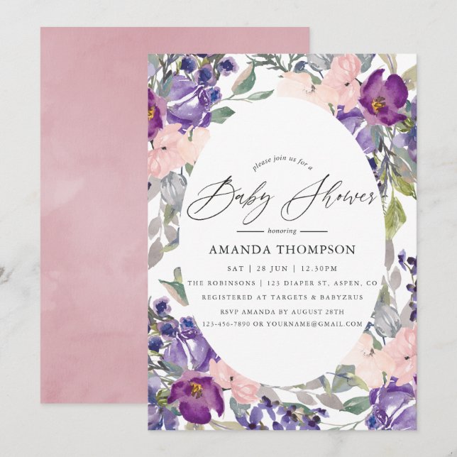 Blush Pink, Violet and Plum Floral Baby Shower Invitation (Front/Back)