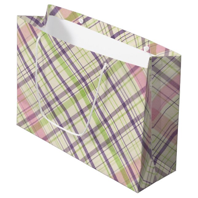 Blush Pink Violet Purple Lime Green Tartan Pattern Large Gift Bag (Front Angled)