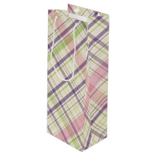 Blush Pink Violet Purple Lime Green Tartan Pattern Wine Gift Bag