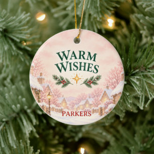 Blush Pink Warm Wishes Christmas Village Ceramic Tree Decoration