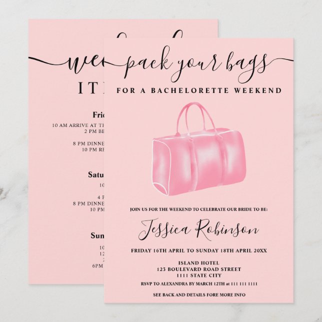 Blush pink watercolor bag bachelorette weekend invitation (Front/Back)