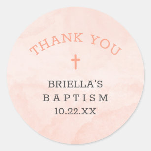 Blush pink watercolor baptism thank you classic round sticker