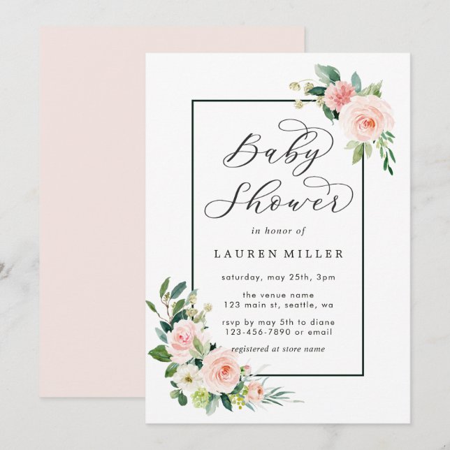 Blush Pink Watercolor Bloom Baby Shower Invitation (Front/Back)