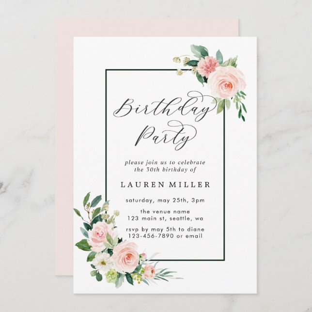 Blush Pink Watercolor Bloom Birthday Party Invitation (Front/Back)