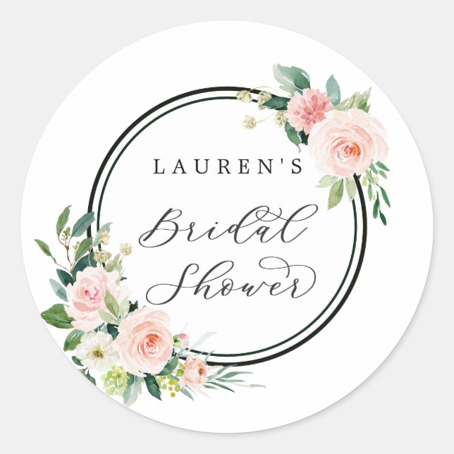 Blush Pink Watercolor Bloom Bridal Shower Classic Round Sticker (Front)