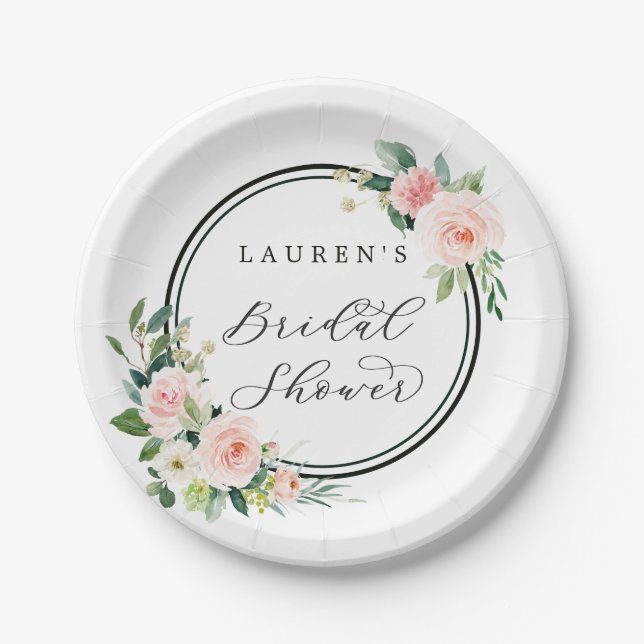 Blush Pink Watercolor Bloom Bridal Shower Paper Plate (Front)