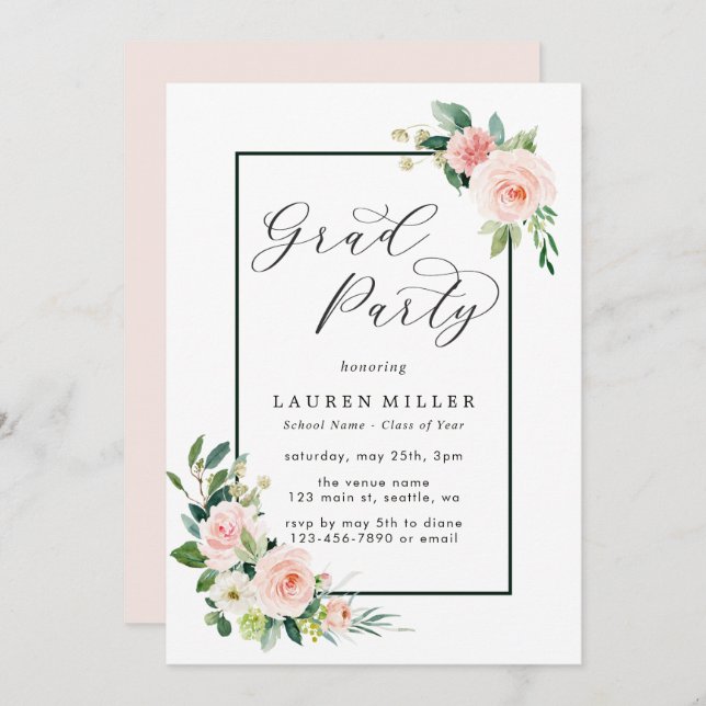 Blush Pink Watercolor Bloom Graduation Party Invitation (Front/Back)