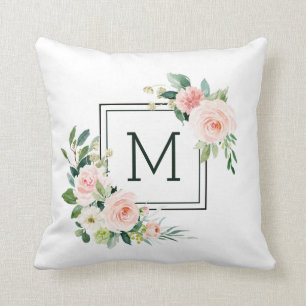 Blush Pink Watercolor Bloom Monogram Cushion