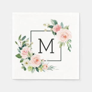 Blush Pink Watercolor Bloom Monogram Napkin