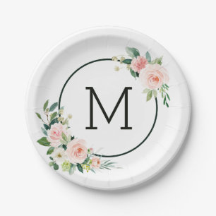 Blush Pink Watercolor Bloom Monogram Paper Plate