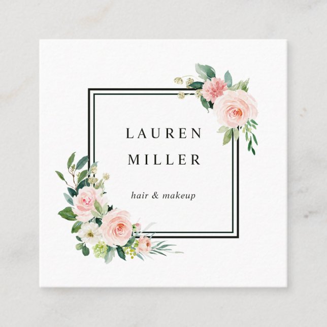 Blush Pink Watercolor Bloom Square Business Card (Front)