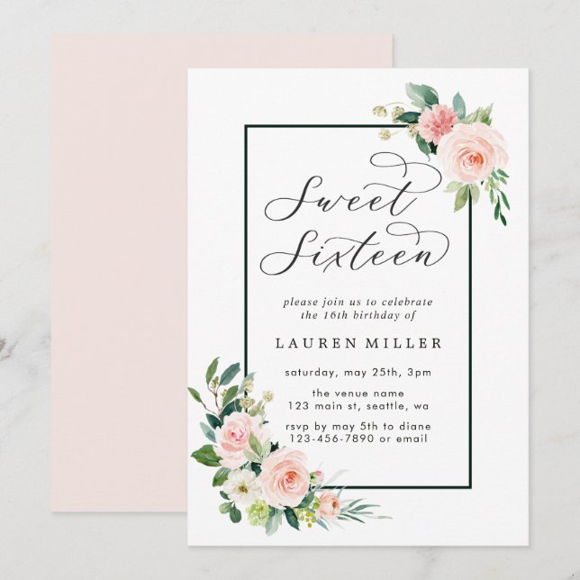 Blush Pink Watercolor Bloom Sweet Sixteen Invitation (Front/Back)