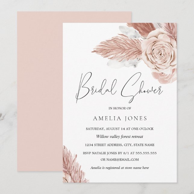 Blush Pink Watercolor Boho Flowers Bridal Shower Invitation (Front/Back)