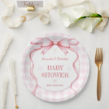 Blush Pink Watercolor Bow Gingham Baby Girl Shower