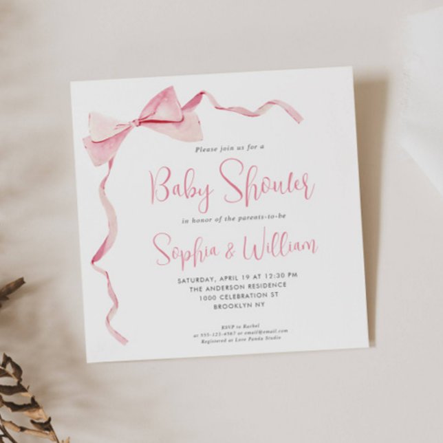 Blush Pink Watercolor Bow Ribbon Girl Baby Shower Invitation (Creator Uploaded)