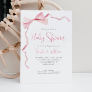 Blush Pink Watercolor Bow Ribbon Girl Baby Shower Invitation