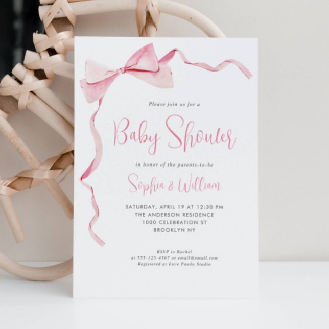 Blush Pink Watercolor Bow Ribbon Girl Baby Shower Invitation (Creator Uploaded)