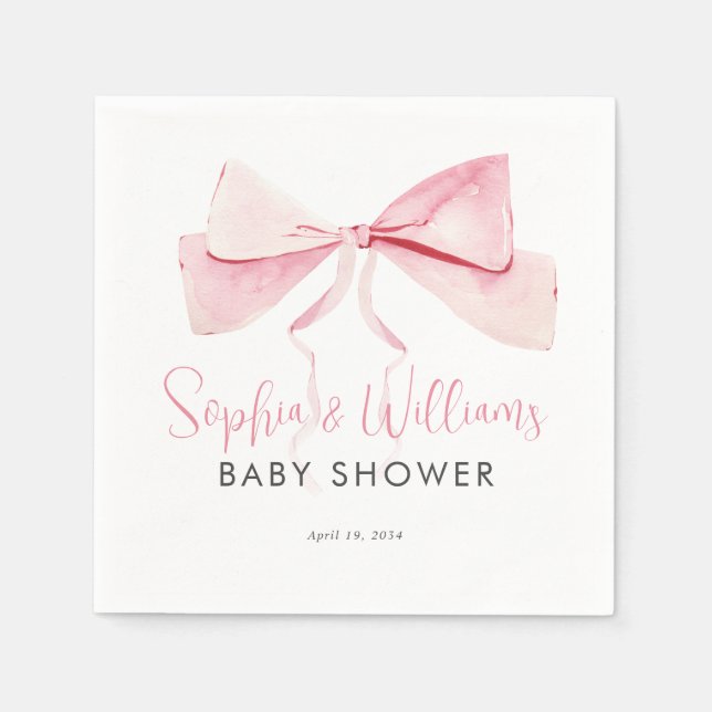 Blush Pink Watercolor Bow Ribbon Girl Baby Shower Napkin (Front)
