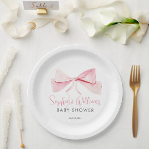 Blush Pink Watercolor Bow Ribbon Girl Baby Shower Paper Plate