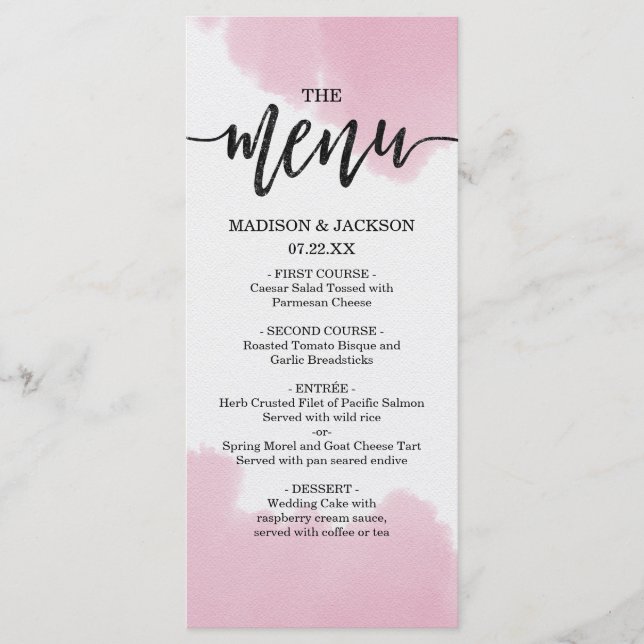 Blush Pink Watercolor Brush Strokes Wedding Menu (Front)