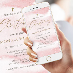 Blush Pink Watercolor Christening Mobile Invite