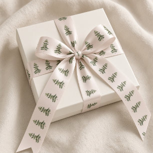 Blush Pink Watercolor Christmas Pine Trees Satin Ribbon