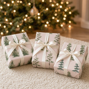 Blush Pink Watercolor Christmas Pine Trees Wrapping Paper Sheet