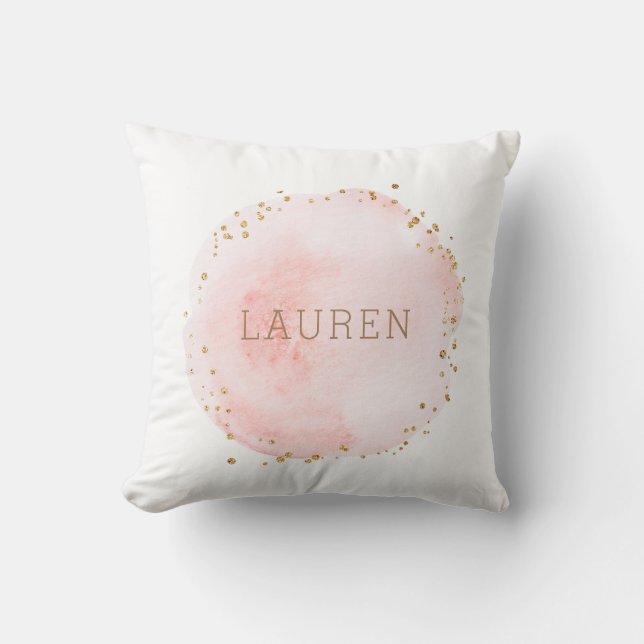 Blush Pink Watercolor Circle Gold Dots Cushion (Front)