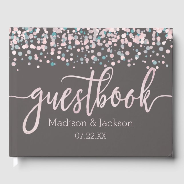 Blush Pink Watercolor Confetti Wedding Monogram Guest Book (Front)