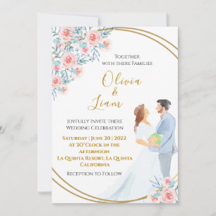 Blush Pink Watercolor Couple and Roses Wedding Invitation