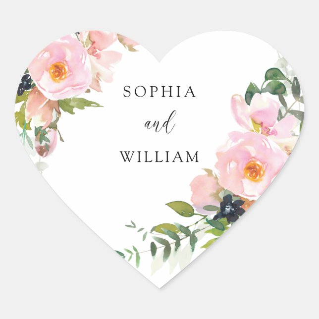 Blush Pink Watercolor Couples Engagement Wedding Heart Sticker (Front)