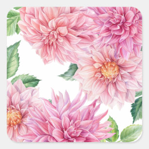 Blush Pink Watercolor Dahlia Floral Pattern Square Sticker