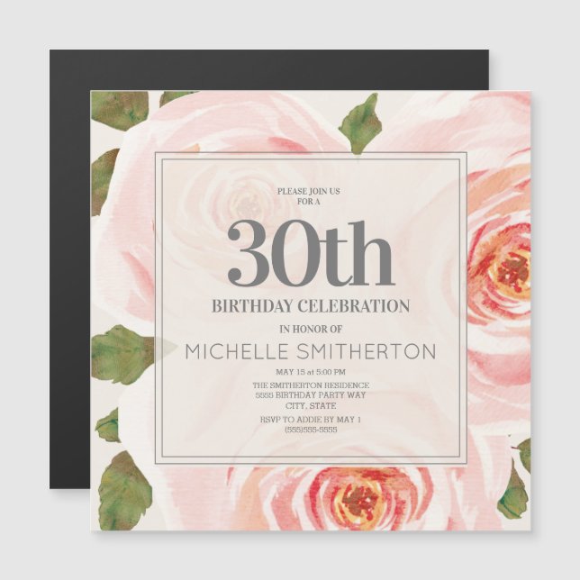 Blush Pink Watercolor Floral 30th Birthday Magnetic Invitation (Front/Back)