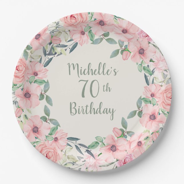 Blush Pink Watercolor Floral 70th Birthday    Paper Plate (Front)