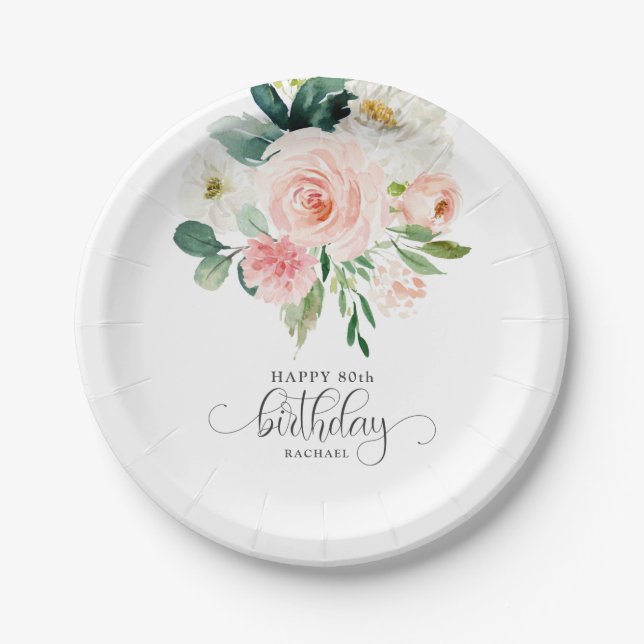 Blush Pink Watercolor Floral 80th Birthday Paper Plate (Front)