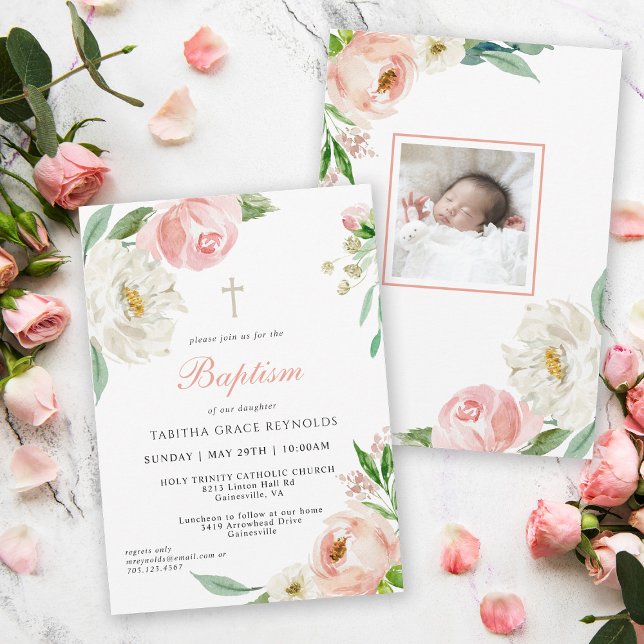 Blush Pink Watercolor Floral Baby Baptism Invitation (Soft blush pink florals accent this Baptism invitation with photo template for your baby's photo.)