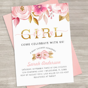 Blush Pink Watercolor Floral Baby Shower Girl Invitation