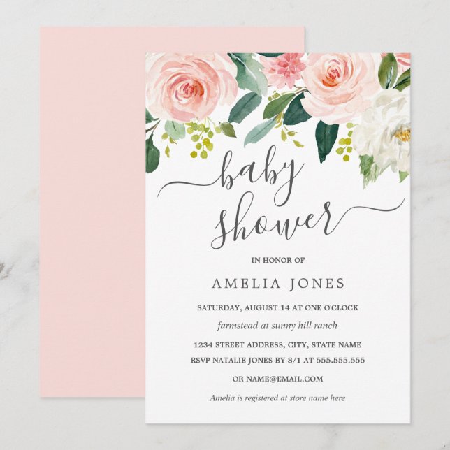 Blush Pink Watercolor Floral Baby Shower Invitation (Front/Back)
