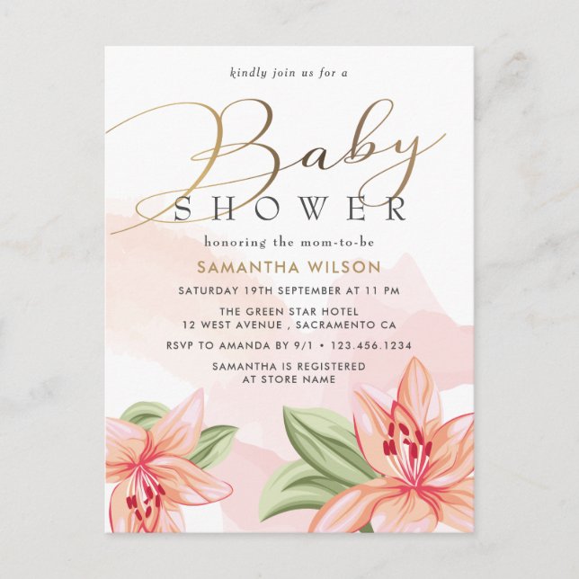 Blush Pink Watercolor Floral Baby Shower Invitation Postcard (Front)