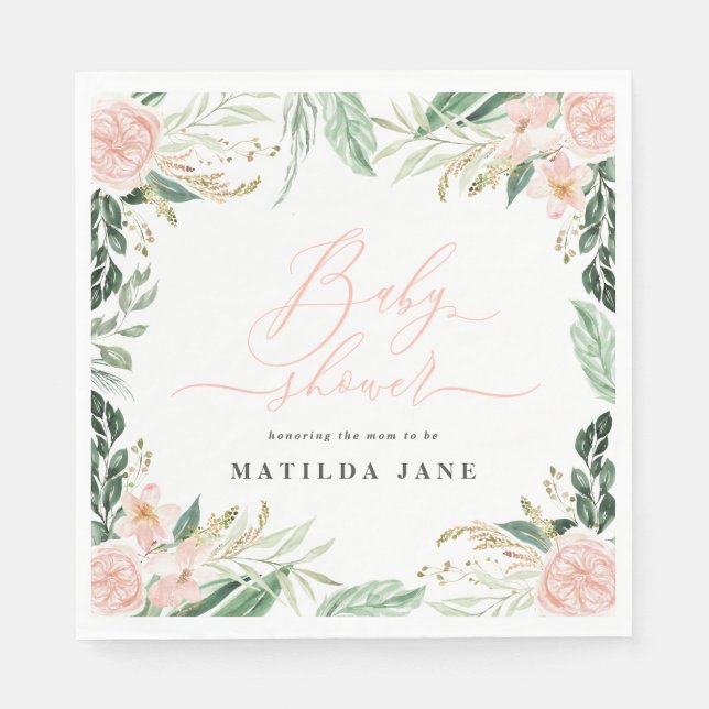 Blush pink watercolor floral baby shower napkin (Front)