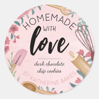 Blush Pink Watercolor Floral & Baking Utensil Classic Round Sticker