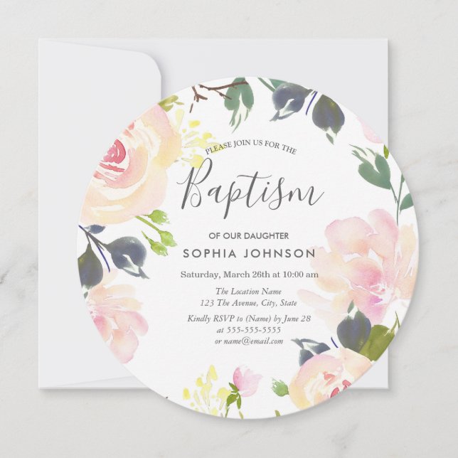 Blush Pink Watercolor Floral Baptism Christening Invitation (Front)
