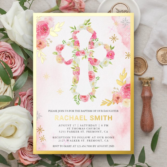 Blush Pink Watercolor Floral Baptism Gold (Creator Uploaded)