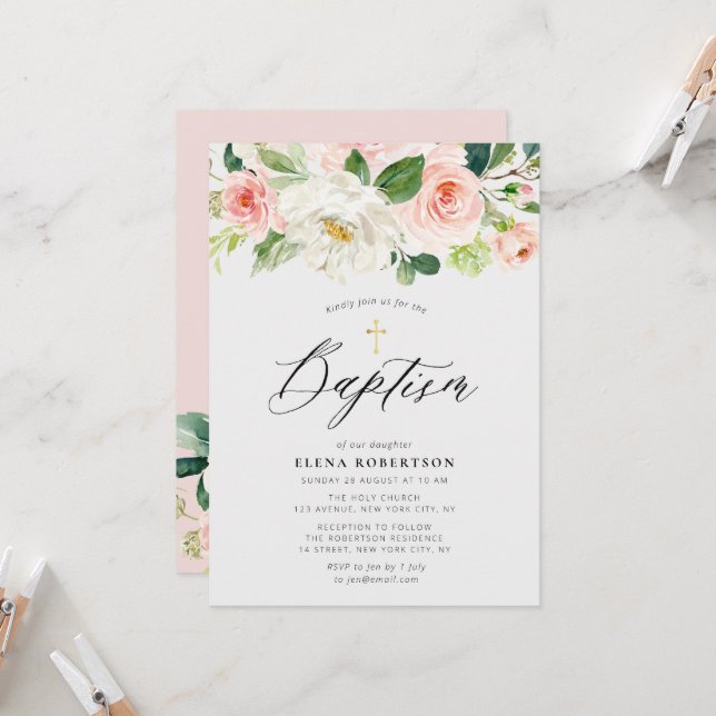 blush pink watercolor floral baptism invitation (Front/Back In Situ)