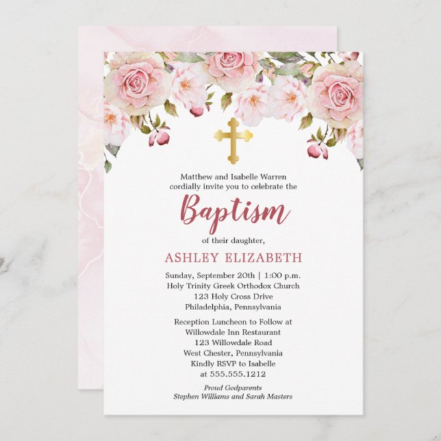 Blush Pink Watercolor Floral Baptism Invitation (Front/Back)