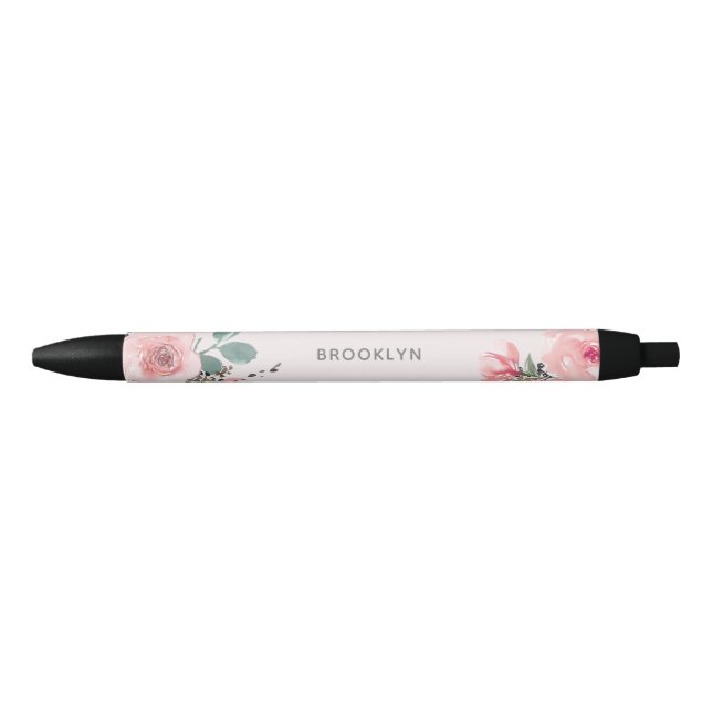 Blush Pink Watercolor Floral Black Ink Pen (Front)